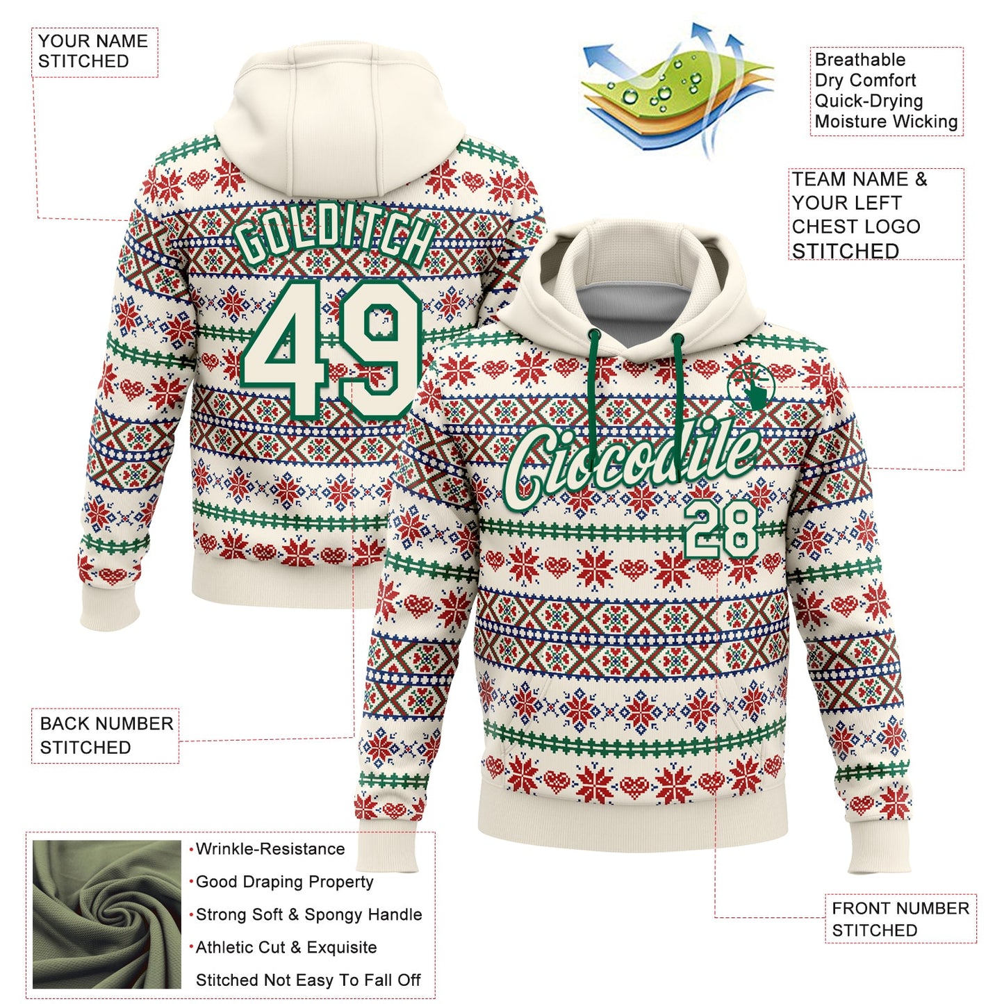 Custom Stitched Cream Red-White 3D Christmas Sports Pullover Sweatshirt Hoodie view 2