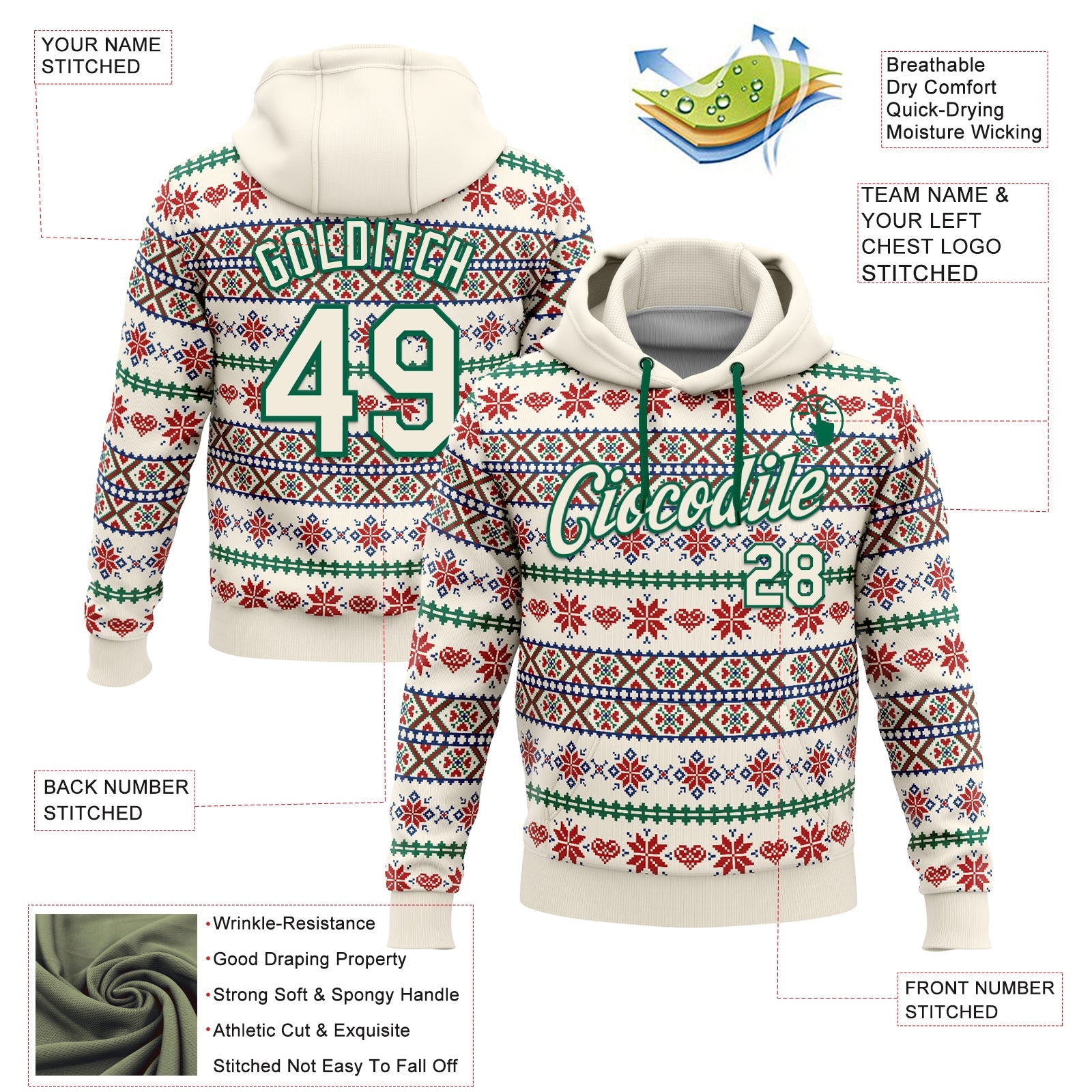Custom Stitched Cream Red-White 3D Christmas Sports Pullover Sweatshirt Hoodie view 2