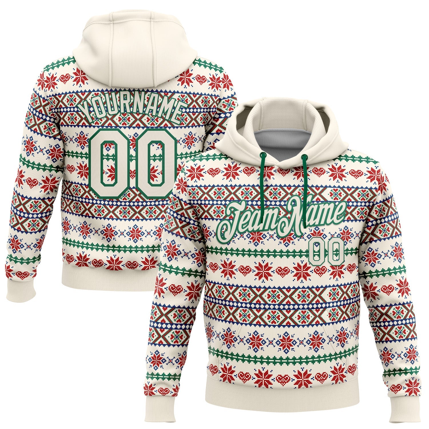Custom Stitched Cream Red-White 3D Christmas Sports Pullover Sweatshirt Hoodie - Main View