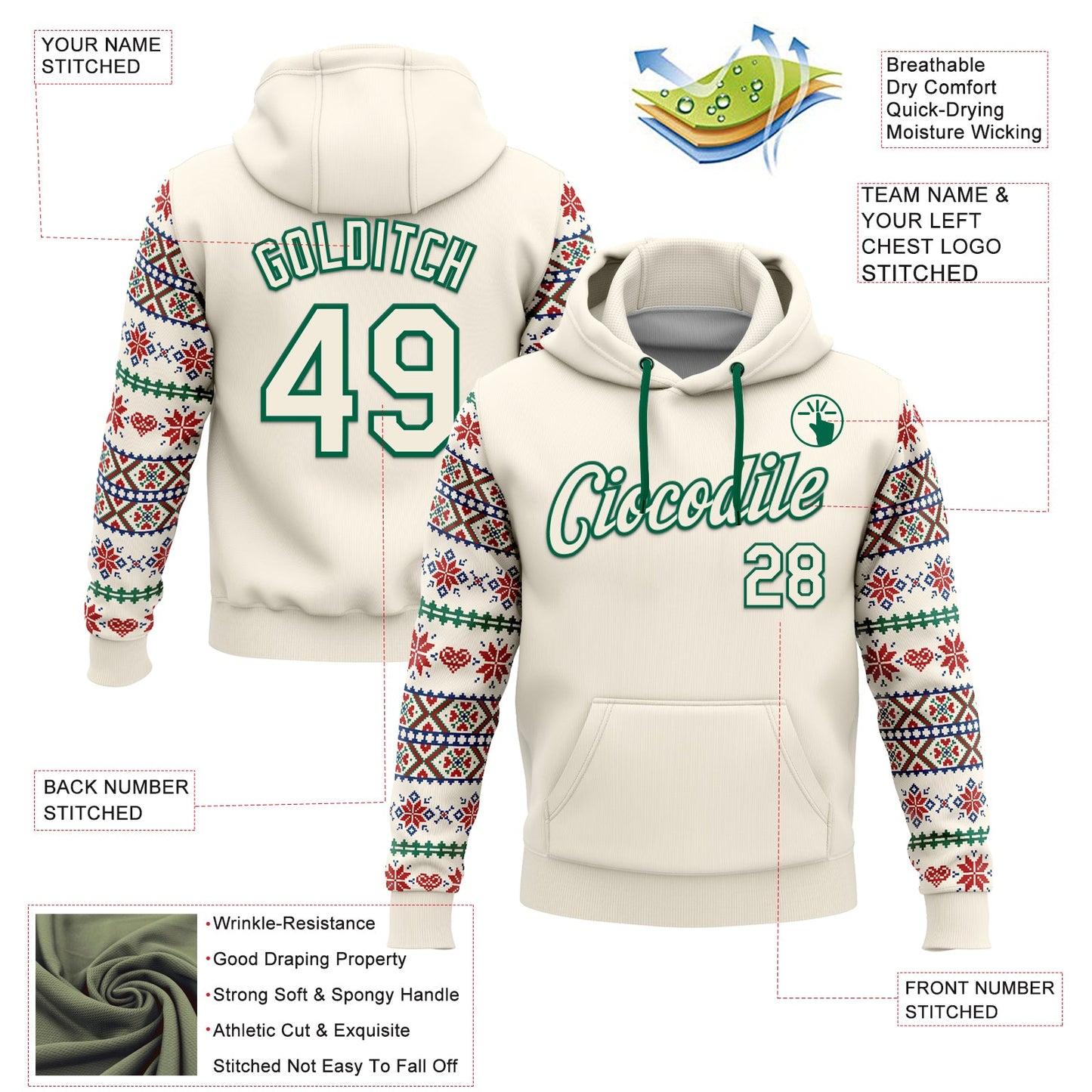 Custom Stitched Cream Red-White 3D Christmas Sports Pullover Sweatshirt Hoodie view 2