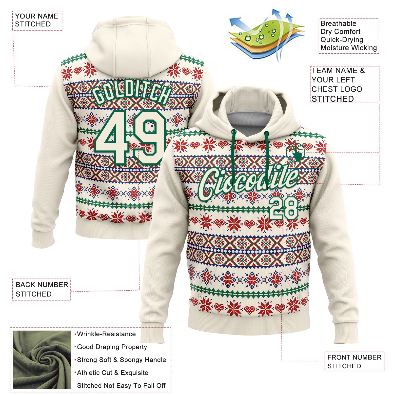 Custom Stitched Cream Red-White 3D Christmas Sports Pullover Sweatshirt Hoodie view 2