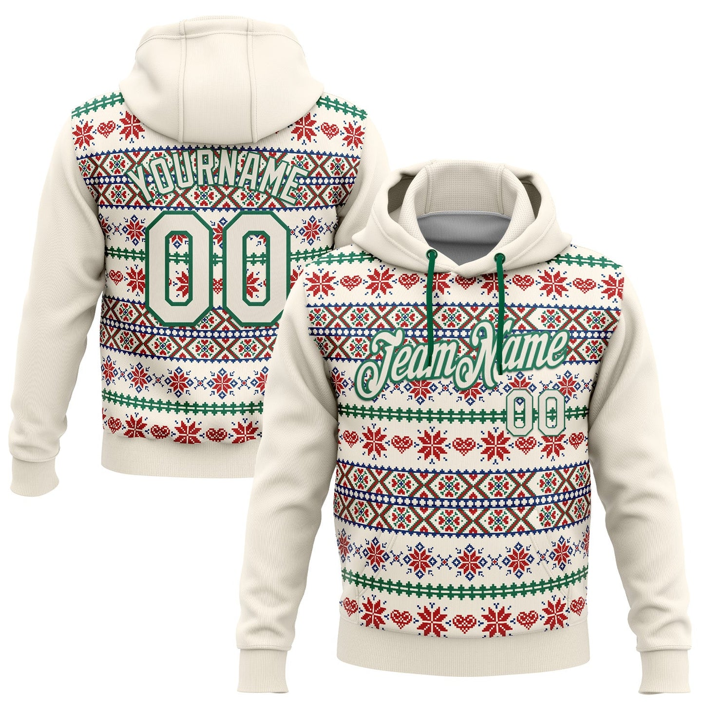 Custom Stitched Cream Red-White 3D Christmas Sports Pullover Sweatshirt Hoodie - Main View