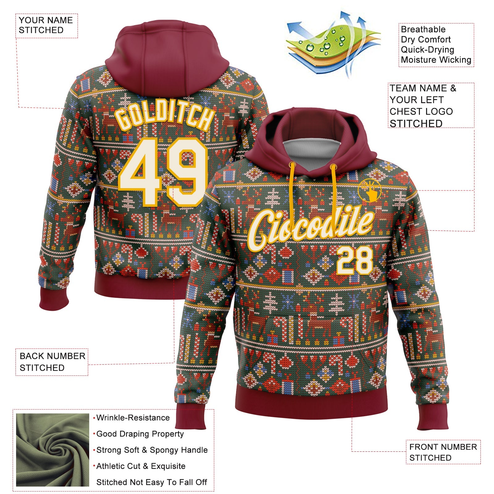 Custom Stitched Crimson Cream-Gold 3D Christmas Sports Pullover Sweatshirt Hoodie view 2