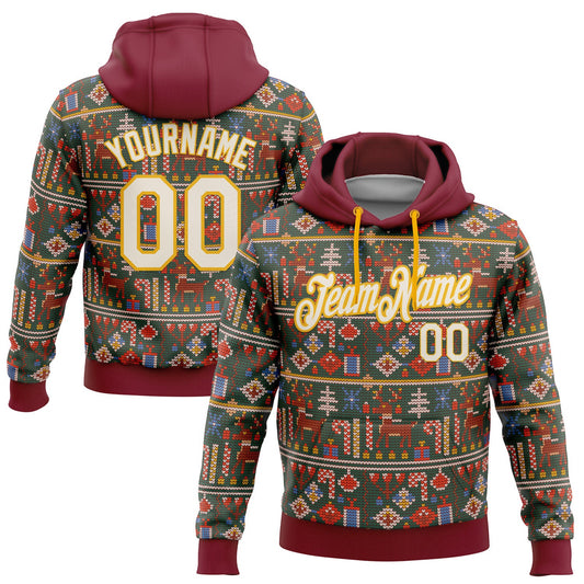 Custom Stitched Crimson Cream-Gold 3D Christmas Sports Pullover Sweatshirt Hoodie - Main View