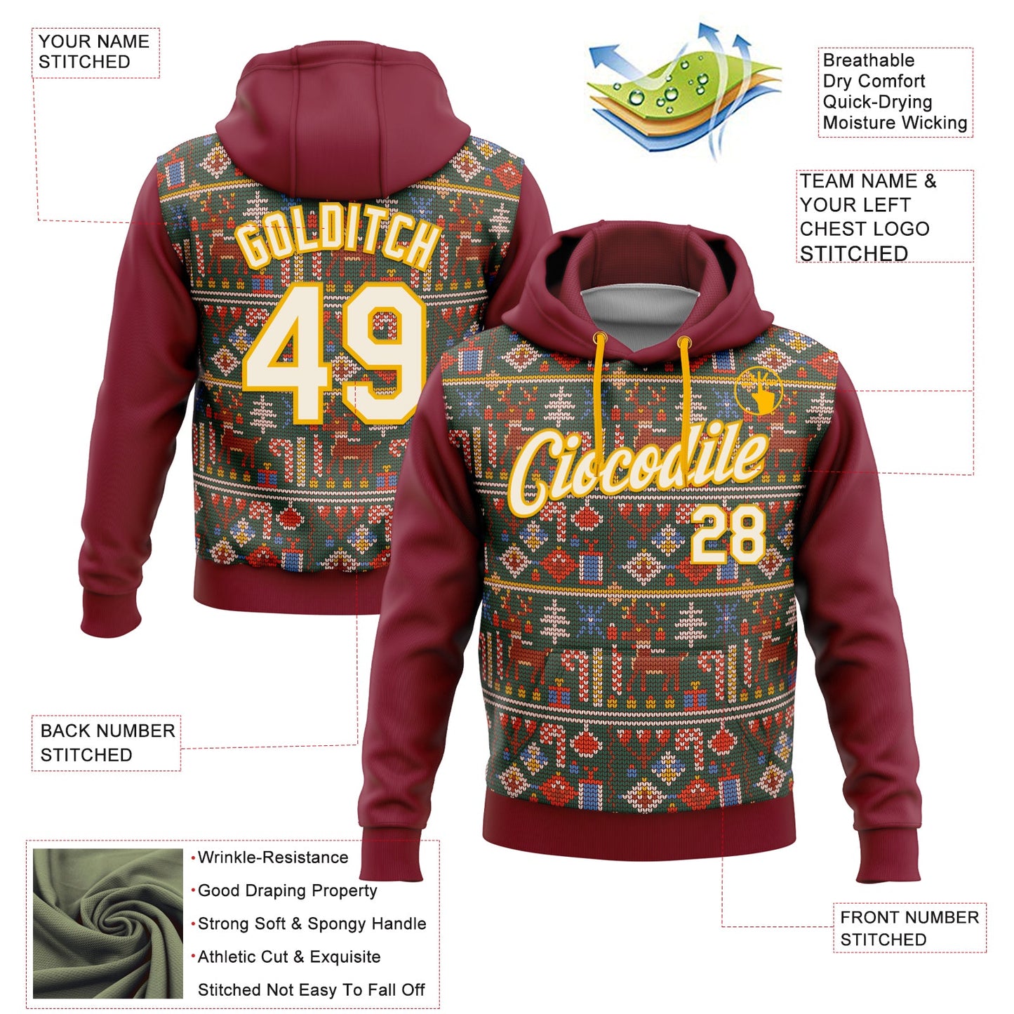 Custom Stitched Crimson Cream-Gold 3D Christmas Sports Pullover Sweatshirt Hoodie view 2