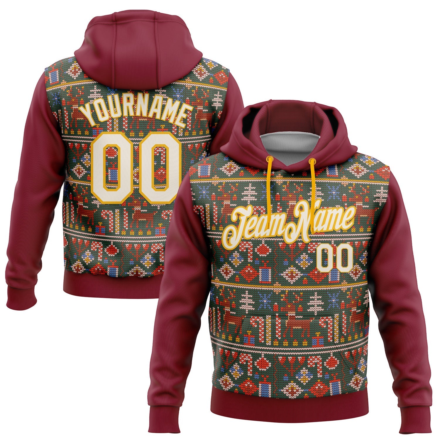 Custom Stitched Crimson Cream-Gold 3D Christmas Sports Pullover Sweatshirt Hoodie - Main View