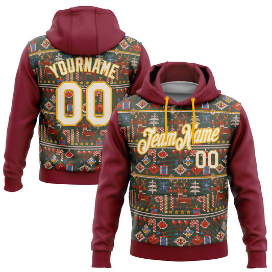 Custom Stitched Crimson Cream-Gold 3D Christmas Sports Pullover Sweatshirt Hoodie - Main View
