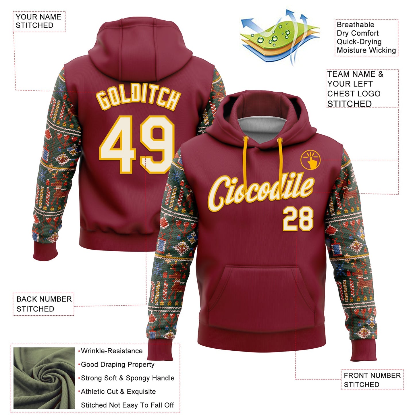 Custom Stitched Crimson Cream-Gold 3D Christmas Sports Pullover Sweatshirt Hoodie view 2