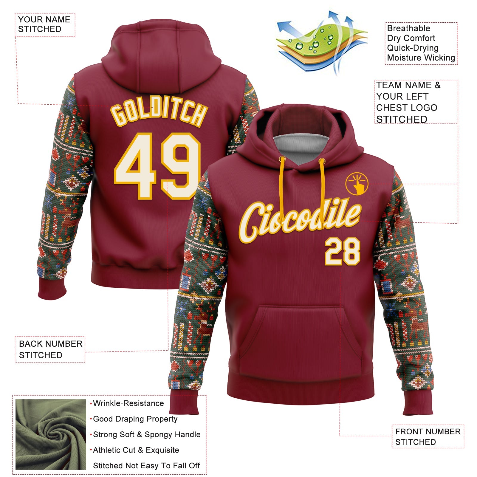 Custom Stitched Crimson Cream-Gold 3D Christmas Sports Pullover Sweatshirt Hoodie view 2
