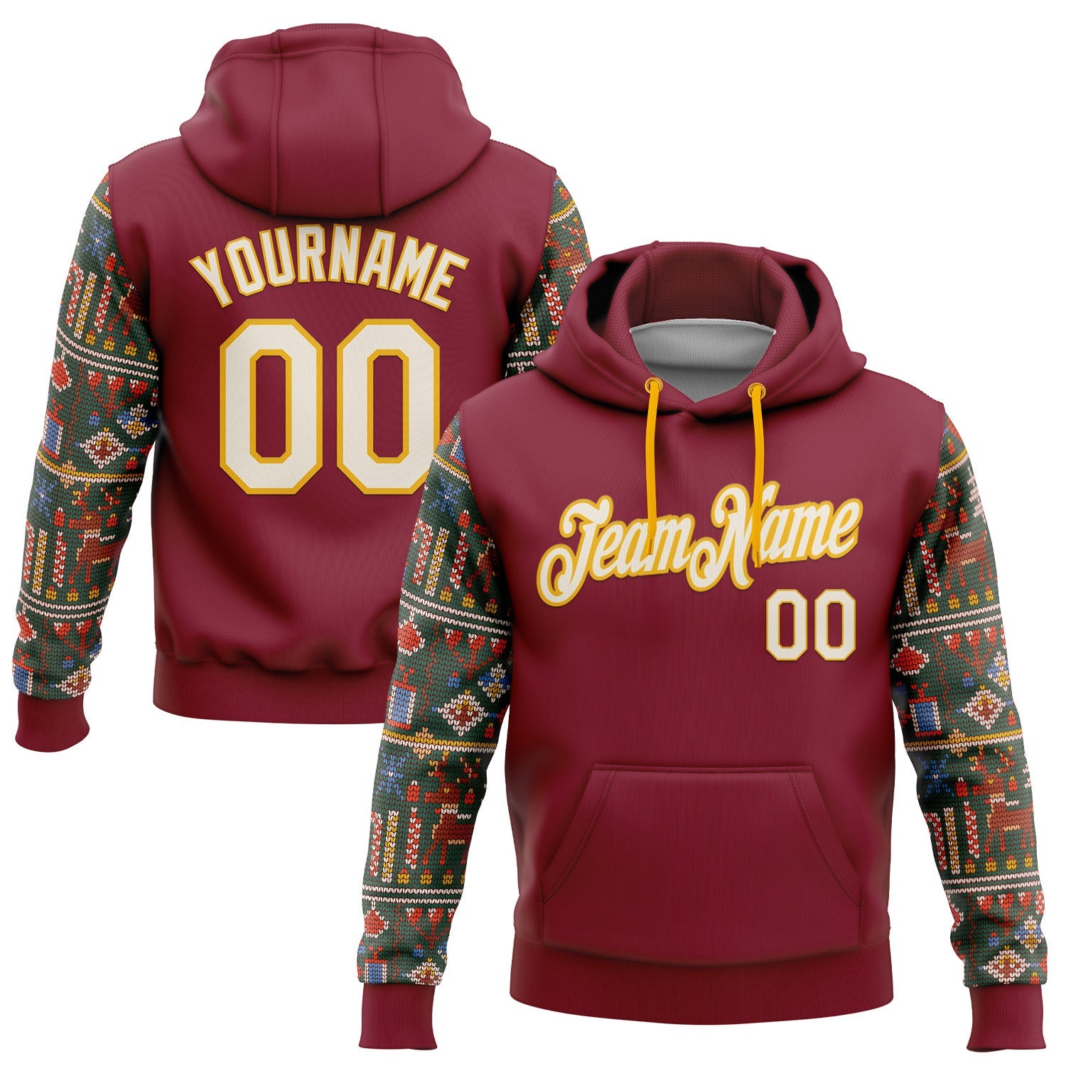 Custom Stitched Crimson Cream-Gold 3D Christmas Sports Pullover Sweatshirt Hoodie - Main View