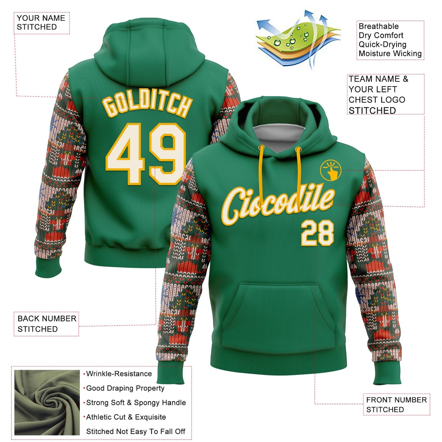 Custom Stitched Kelly Green Cream-Gold 3D Christmas Sports Pullover Sweatshirt Hoodie view 2