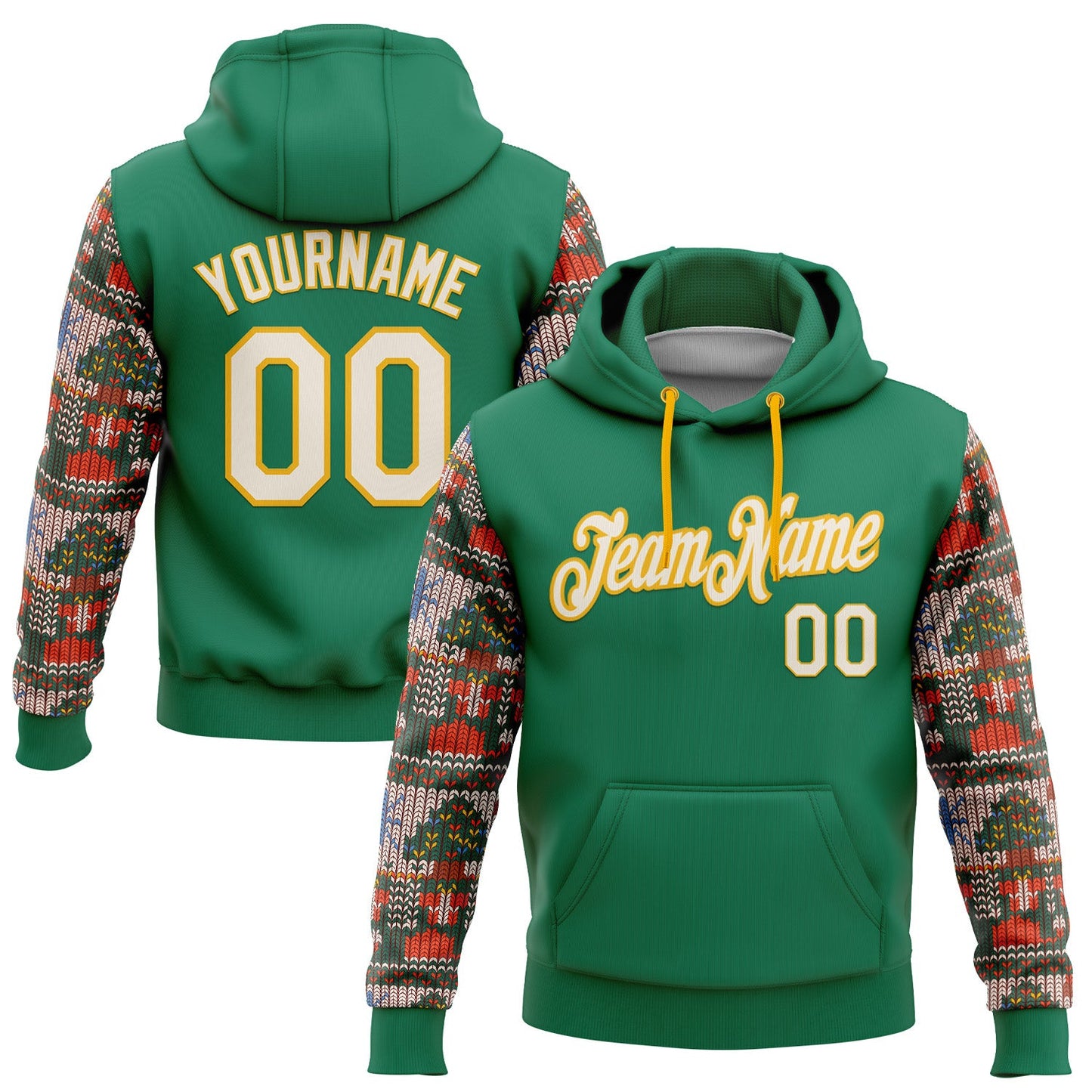 Custom Stitched Kelly Green Cream-Gold 3D Christmas Sports Pullover Sweatshirt Hoodie - Main View