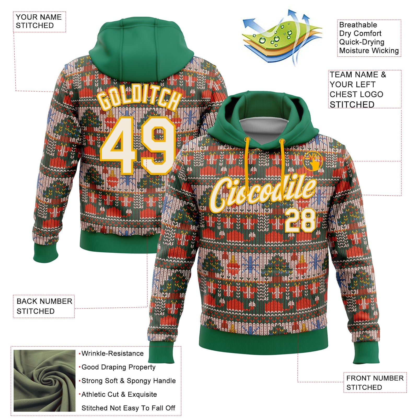 Custom Stitched Kelly Green Cream-Gold 3D Christmas Sports Pullover Sweatshirt Hoodie view 2