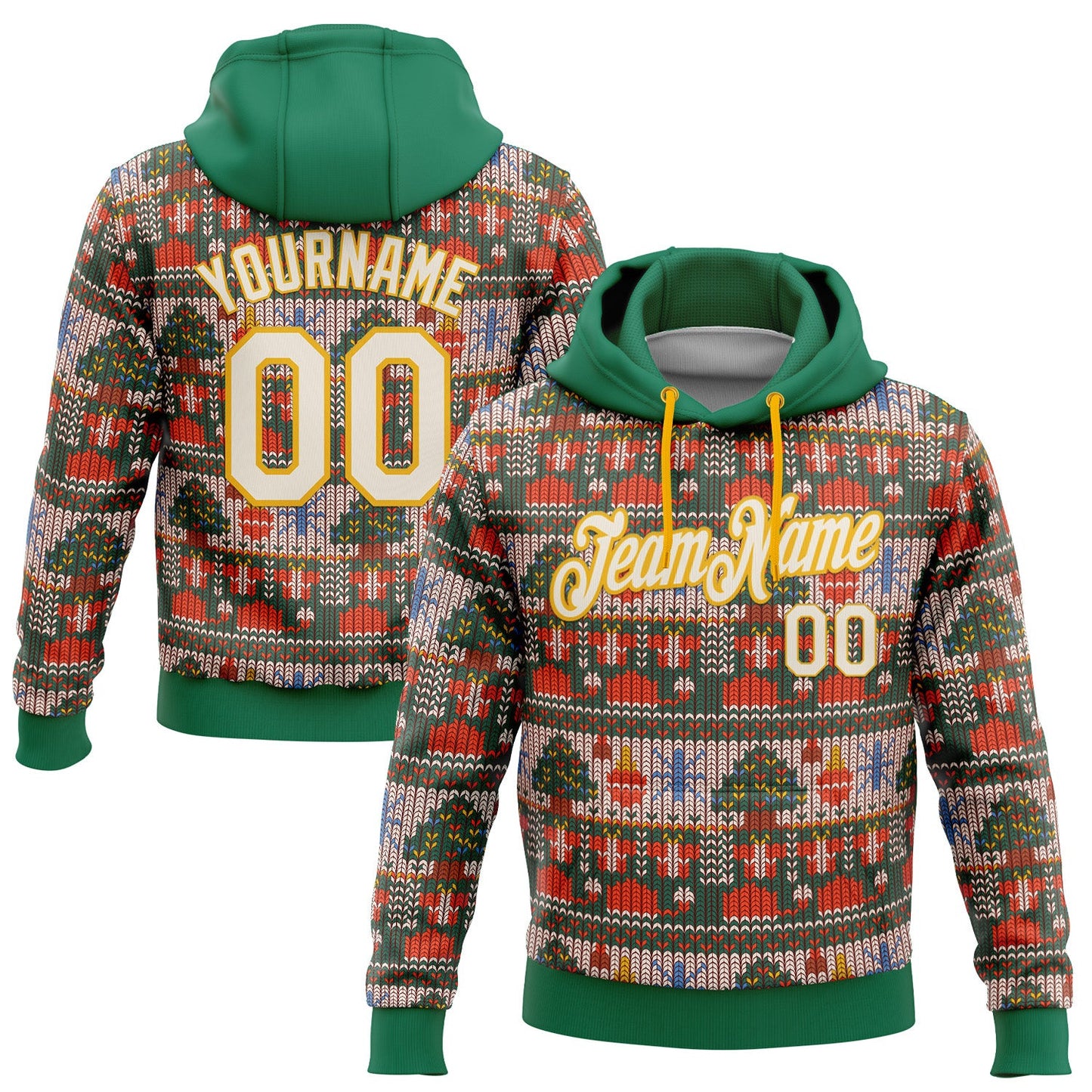 Custom Stitched Kelly Green Cream-Gold 3D Christmas Sports Pullover Sweatshirt Hoodie - Main View