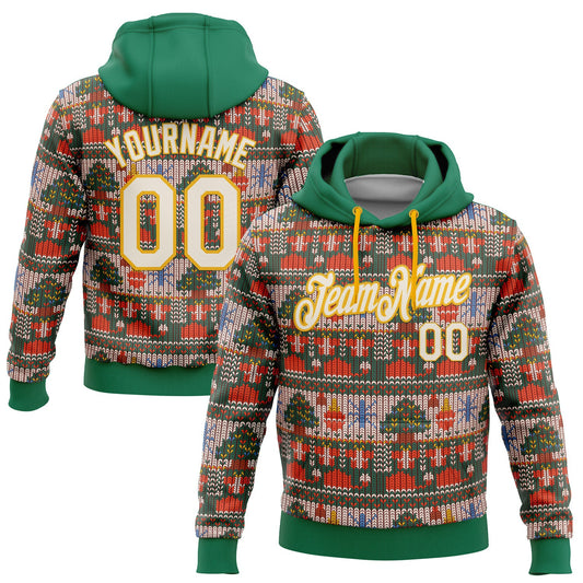 Custom Stitched Kelly Green Cream-Gold 3D Christmas Sports Pullover Sweatshirt Hoodie - Main View
