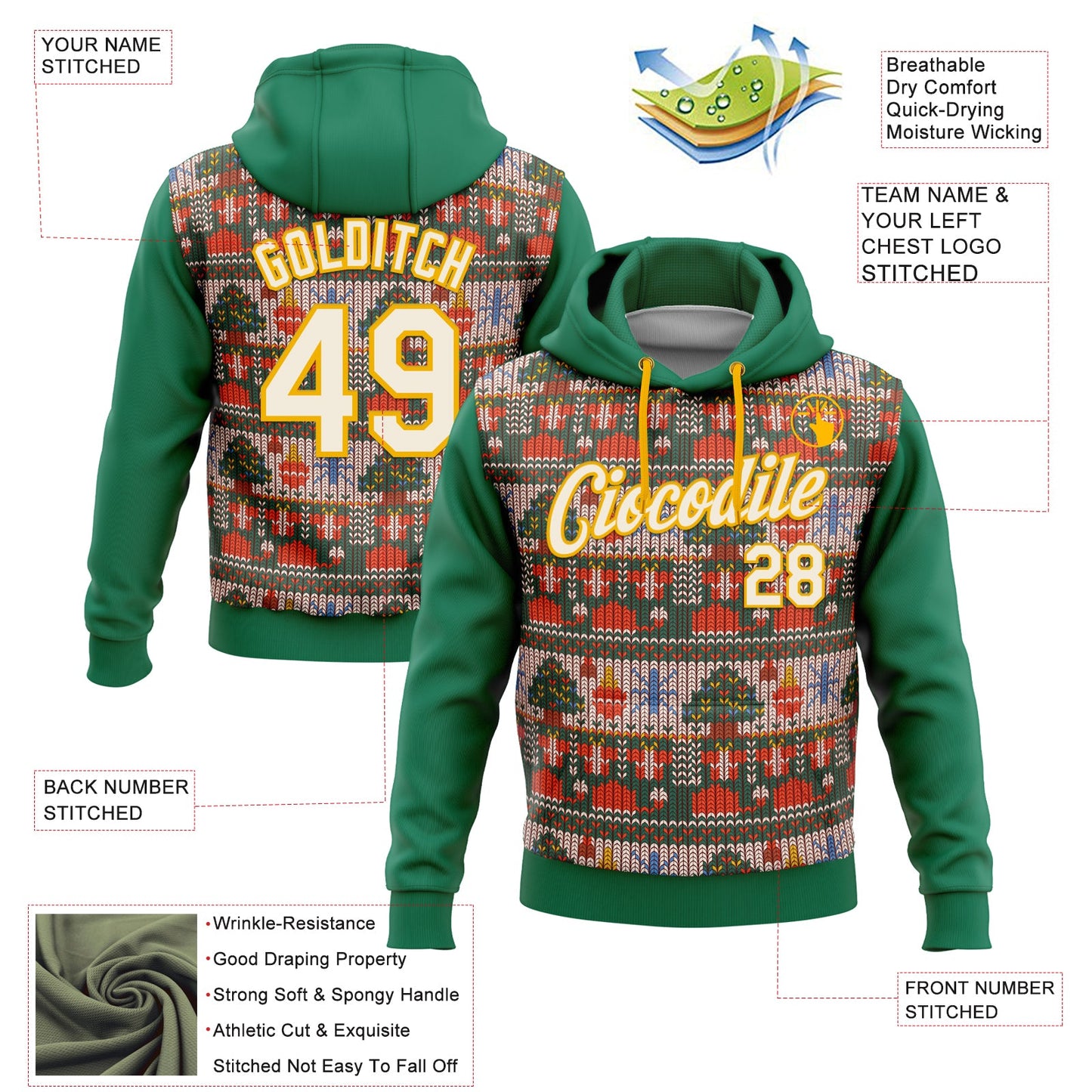 Custom Stitched Kelly Green Cream-Gold 3D Christmas Sports Pullover Sweatshirt Hoodie view 2