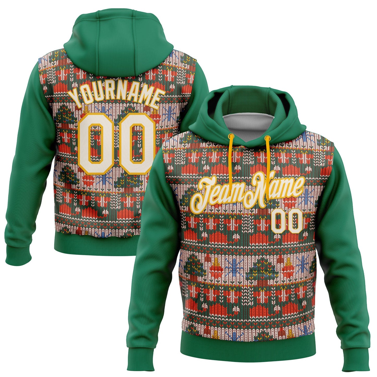 Custom Stitched Kelly Green Cream-Gold 3D Christmas Sports Pullover Sweatshirt Hoodie - Main View