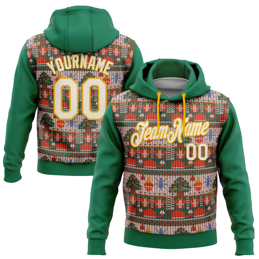 Custom Stitched Kelly Green Cream-Gold 3D Christmas Sports Pullover Sweatshirt Hoodie - Main View