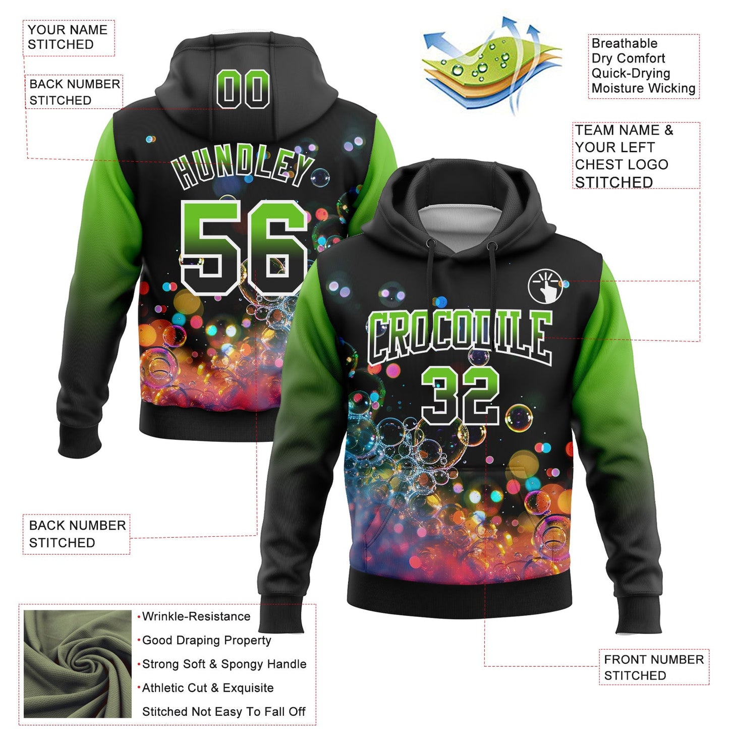 Custom Stitched Black Aurora Green-White Fade 3D Pattern Design Colorful Bubbles Sports Pullover Sweatshirt Hoodie view 2