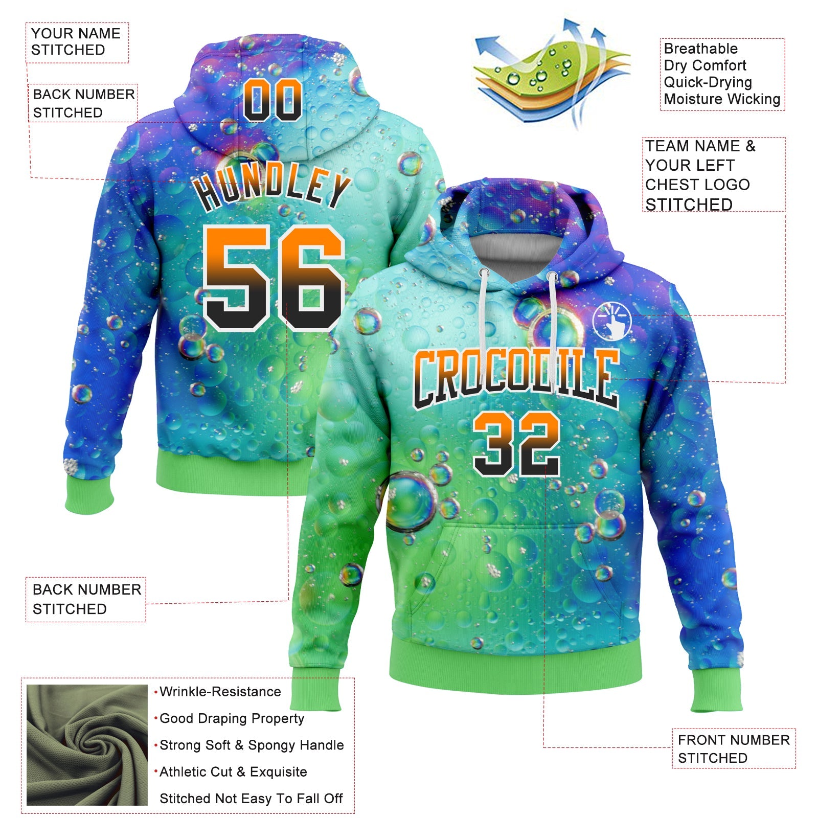 Custom Stitched Thunder Blue Bay Orange Black-Neon Green Fade 3D Pattern Design Colorful Bubbles Sports Pullover Sweatshirt Hoodie view 2
