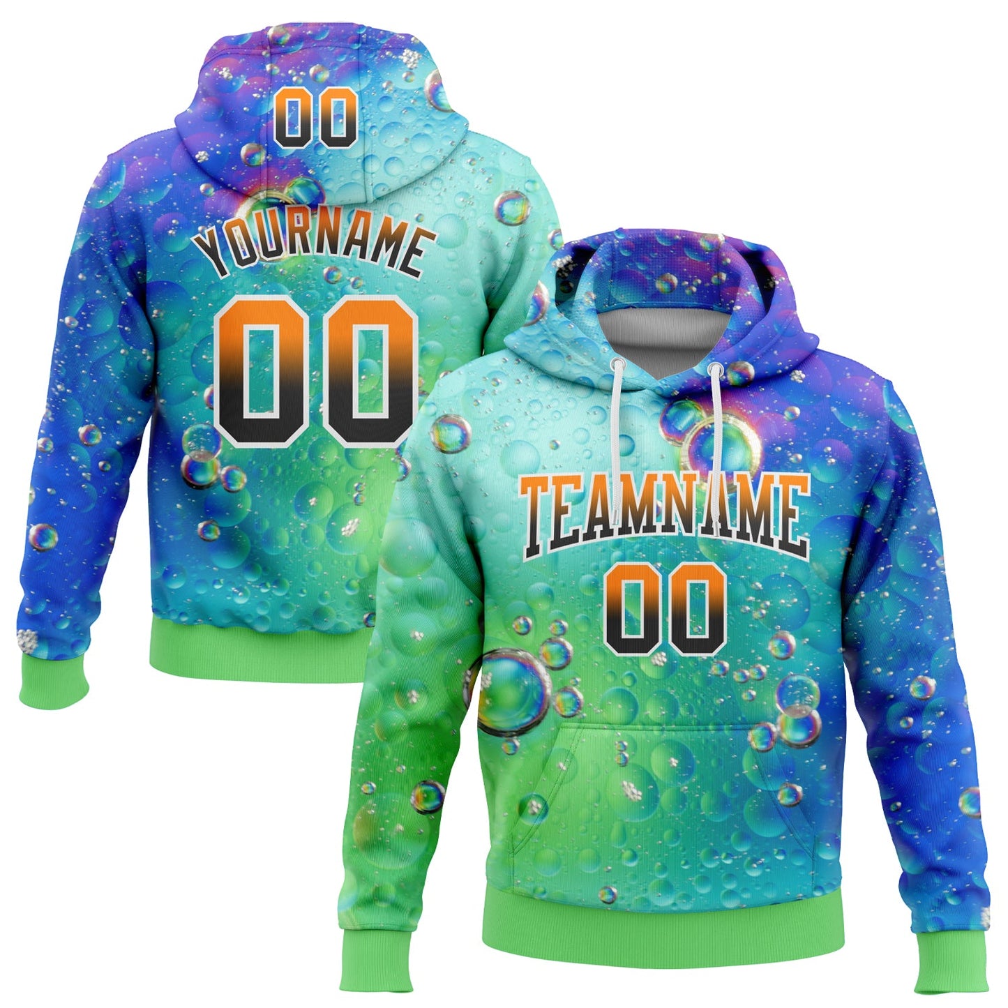 Custom Stitched Thunder Blue Bay Orange Black-Neon Green Fade 3D Pattern Design Colorful Bubbles Sports Pullover Sweatshirt Hoodie - Main View