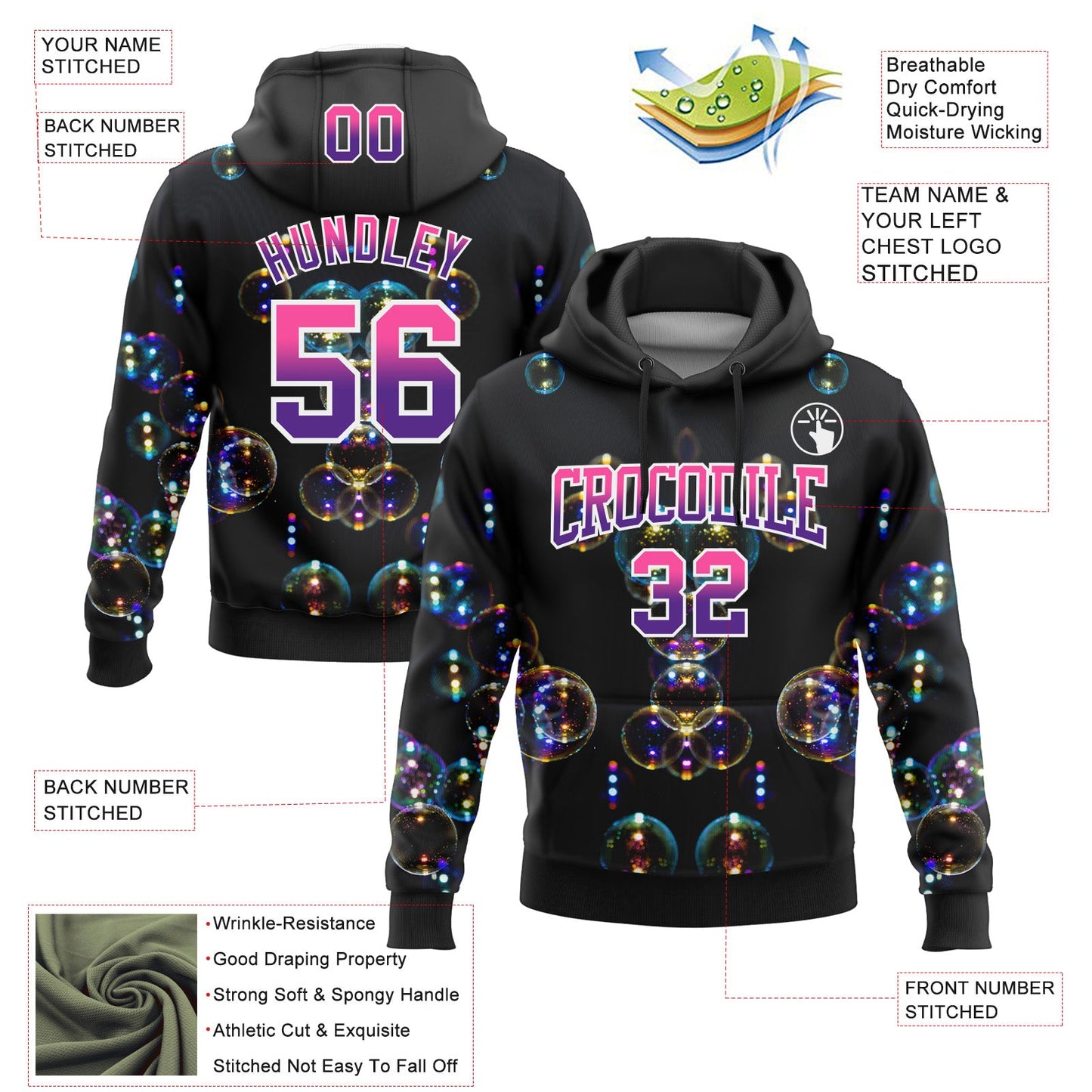 Custom Stitched Black Pink-Purple Fade 3D Pattern Design Colorful Bubbles Sports Pullover Sweatshirt Hoodie view 2