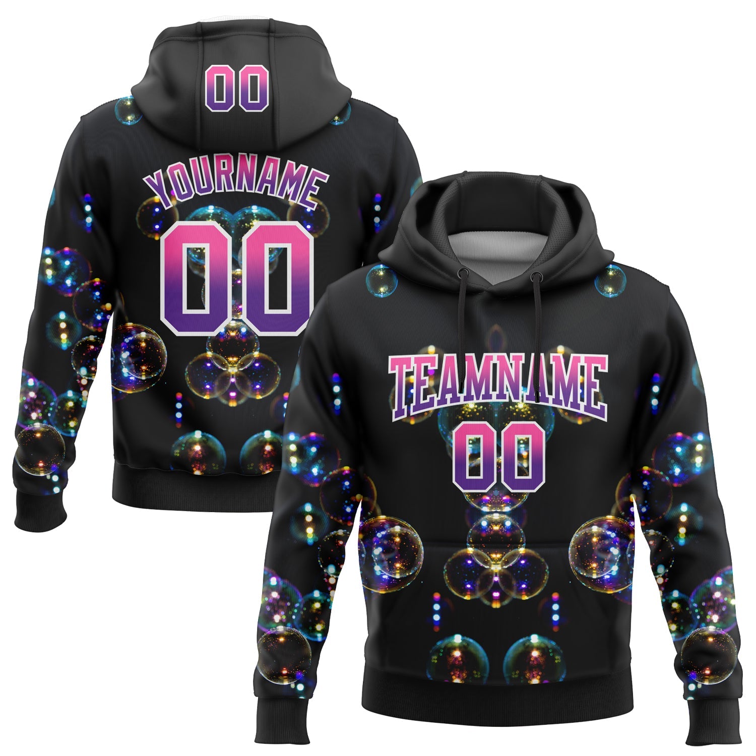 Custom Stitched Black Pink-Purple Fade 3D Pattern Design Colorful Bubbles Sports Pullover Sweatshirt Hoodie - Main View