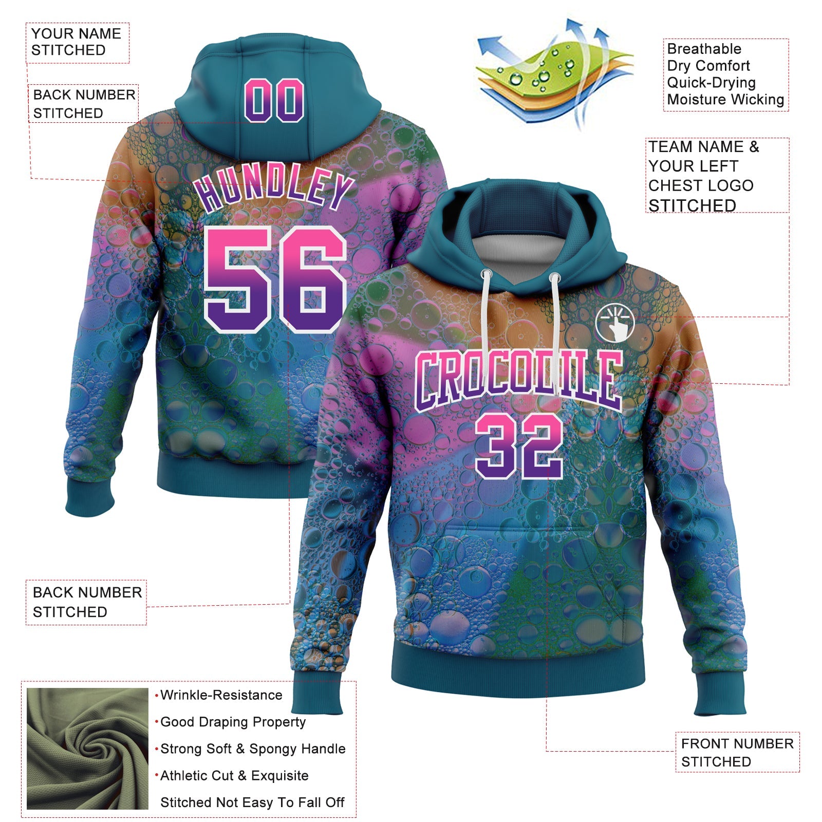Custom Stitched Teal Pink-Purple Fade 3D Pattern Design Colorful Bubbles Sports Pullover Sweatshirt Hoodie view 2