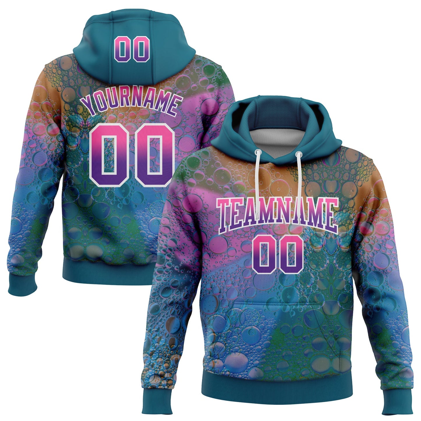 Custom Stitched Teal Pink-Purple Fade 3D Pattern Design Colorful Bubbles Sports Pullover Sweatshirt Hoodie - Main View