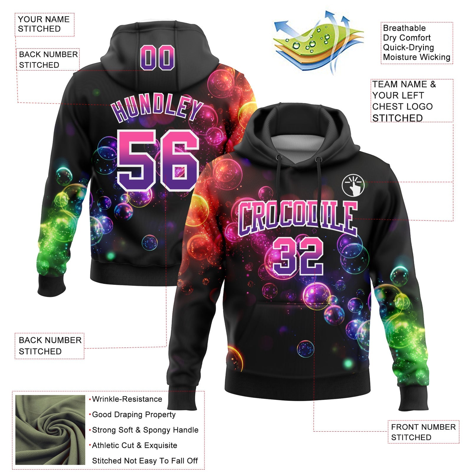 Custom Stitched Black Pink-Purple Fade 3D Pattern Design Colorful Bubbles Sports Pullover Sweatshirt Hoodie view 2