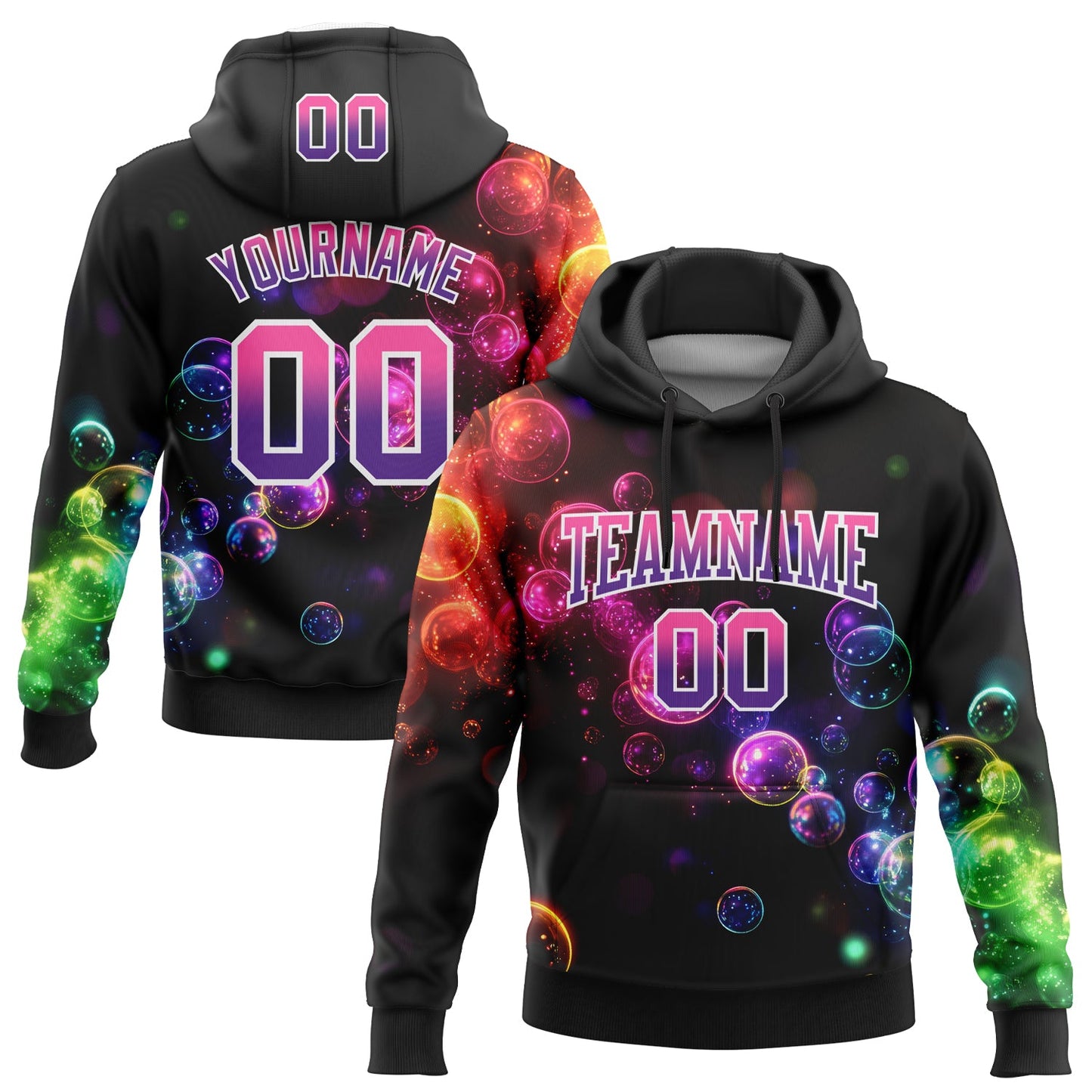 Custom Stitched Black Pink-Purple Fade 3D Pattern Design Colorful Bubbles Sports Pullover Sweatshirt Hoodie - Main View
