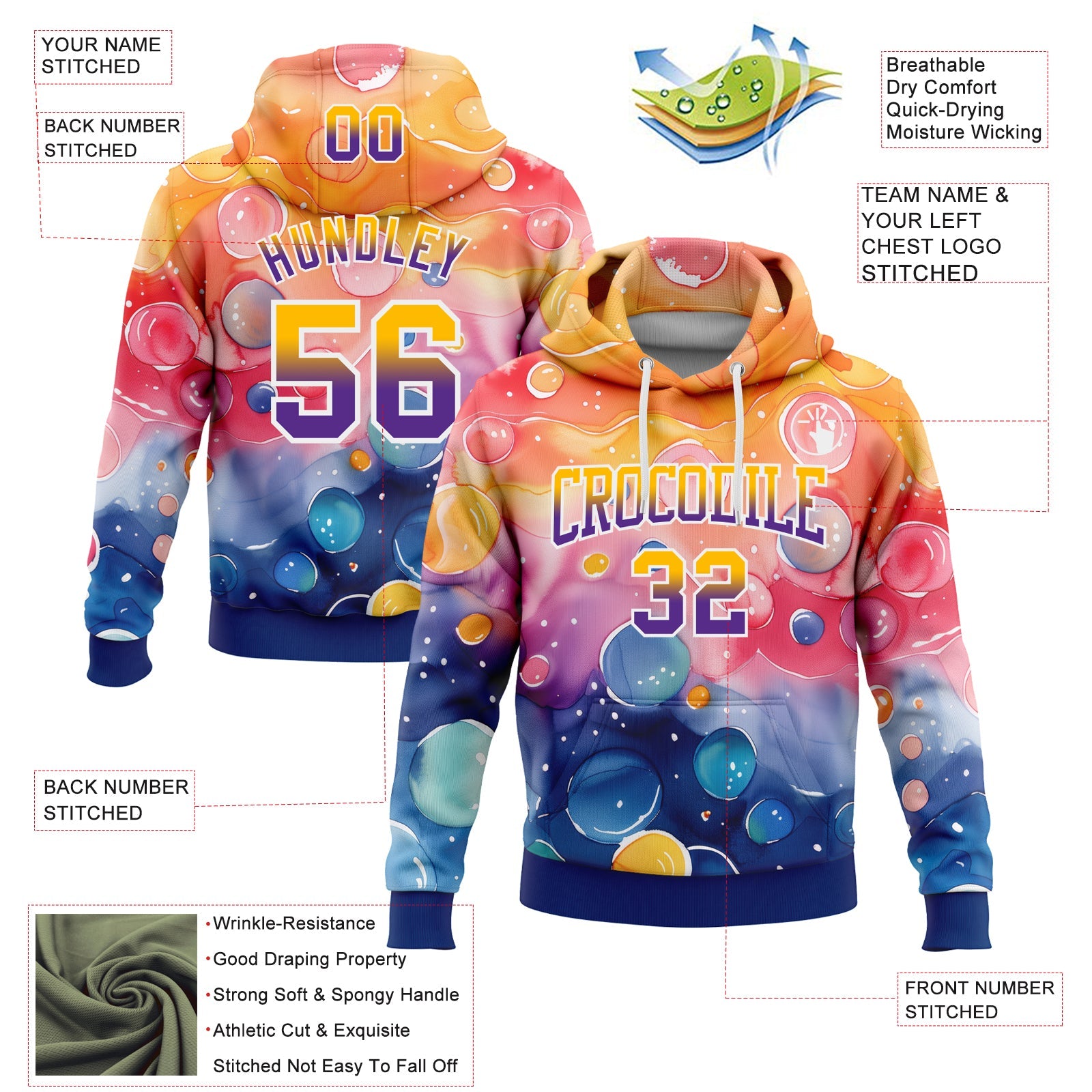 Custom Stitched Gold Purple-Royal Fade 3D Pattern Design Colorful Bubbles Sports Pullover Sweatshirt Hoodie view 2