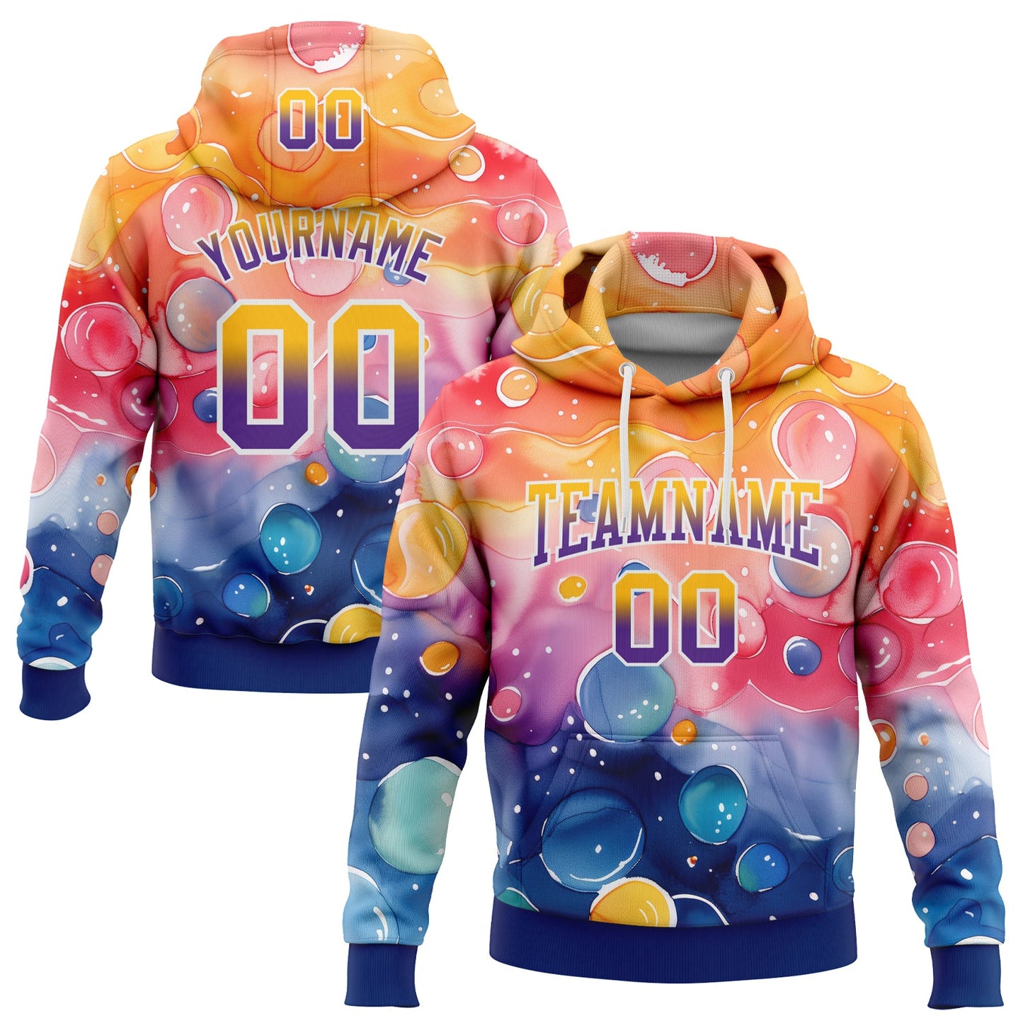 Custom Stitched Gold Purple-Royal Fade 3D Pattern Design Colorful Bubbles Sports Pullover Sweatshirt Hoodie - Main View
