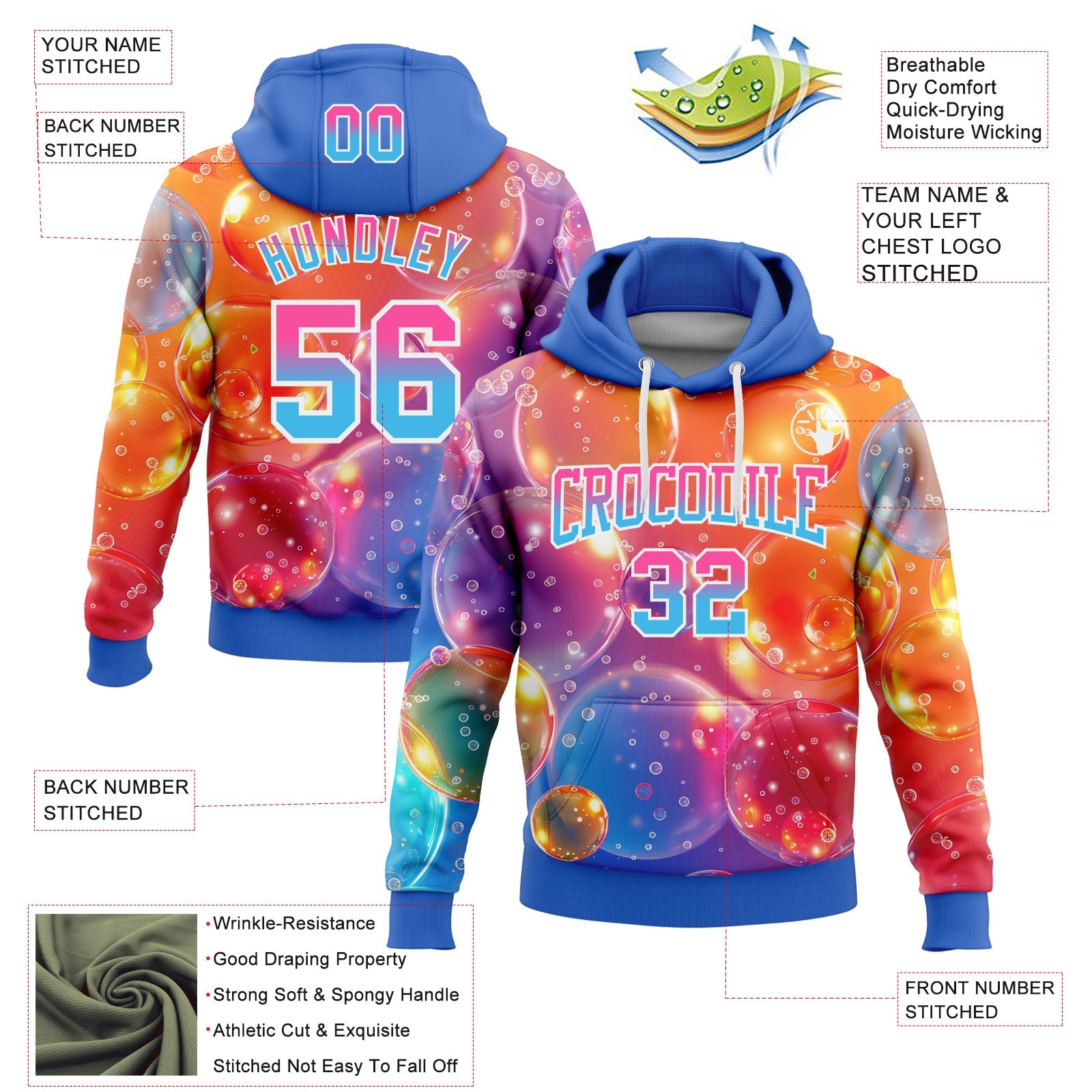 Custom Stitched Orange Pink Sky Blue-Thunder Blue Fade 3D Pattern Design Colorful Bubbles Sports Pullover Sweatshirt Hoodie view 2