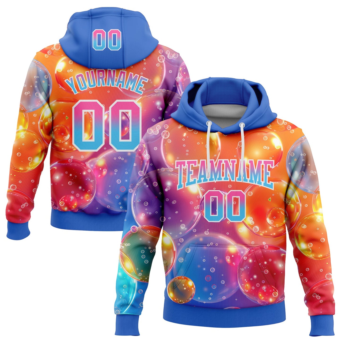 Custom Stitched Orange Pink Sky Blue-Thunder Blue Fade 3D Pattern Design Colorful Bubbles Sports Pullover Sweatshirt Hoodie - Main View