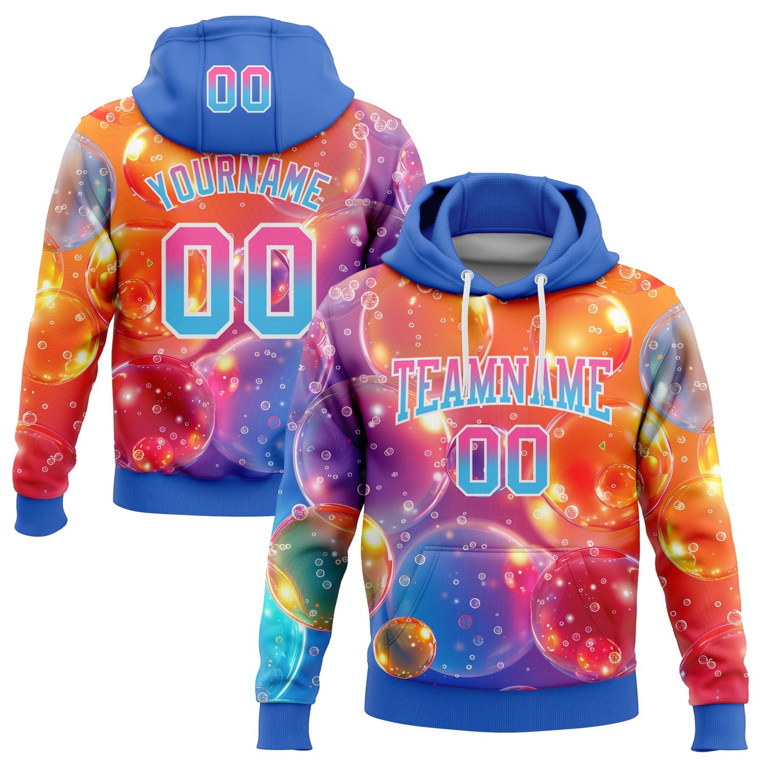 Custom Stitched Orange Pink Sky Blue-Thunder Blue Fade 3D Pattern Design Colorful Bubbles Sports Pullover Sweatshirt Hoodie - Main View