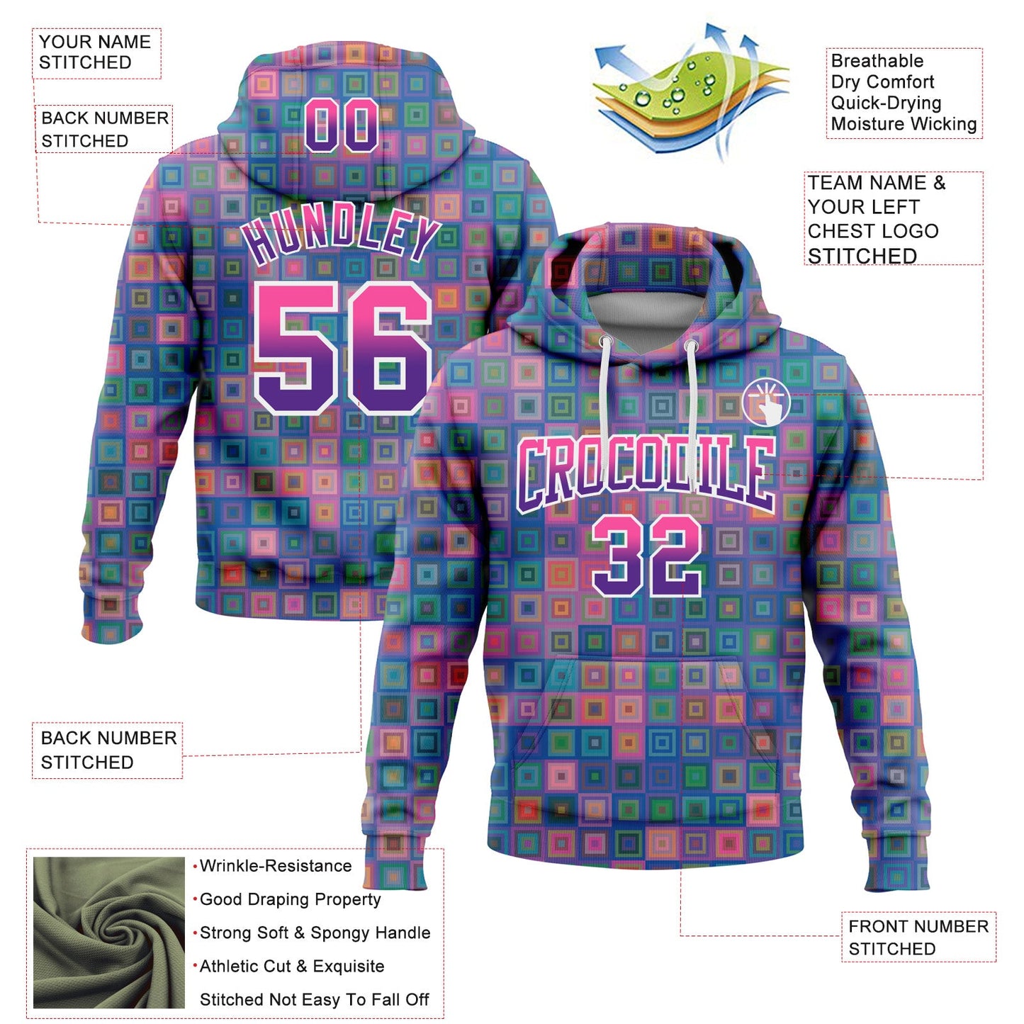 Custom Stitched Royal Pink-Purple 3D Pattern Design Geometric GradientSquare Shapes Sports Pullover Sweatshirt Hoodie view 2