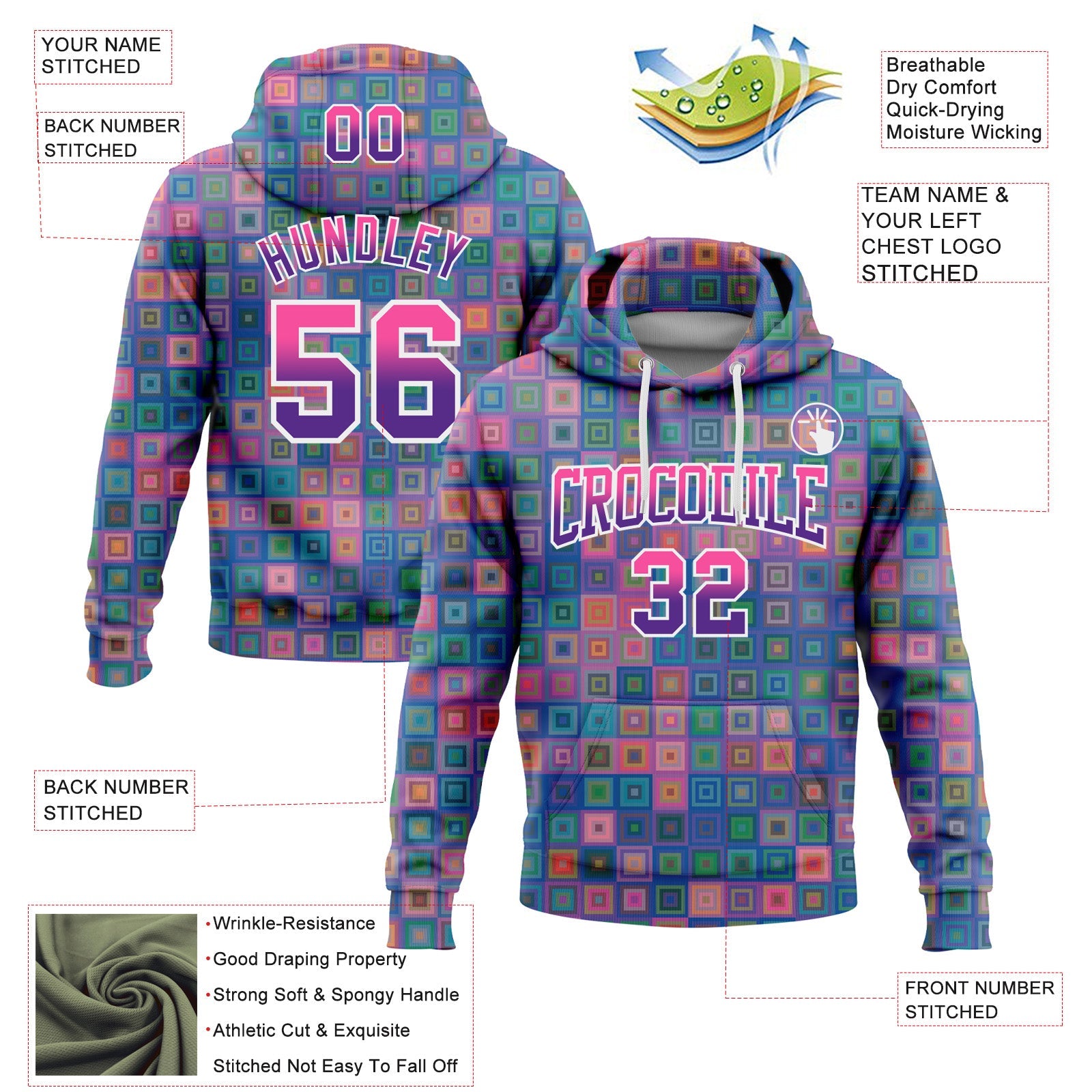 Custom Stitched Royal Pink-Purple 3D Pattern Design Geometric GradientSquare Shapes Sports Pullover Sweatshirt Hoodie view 2