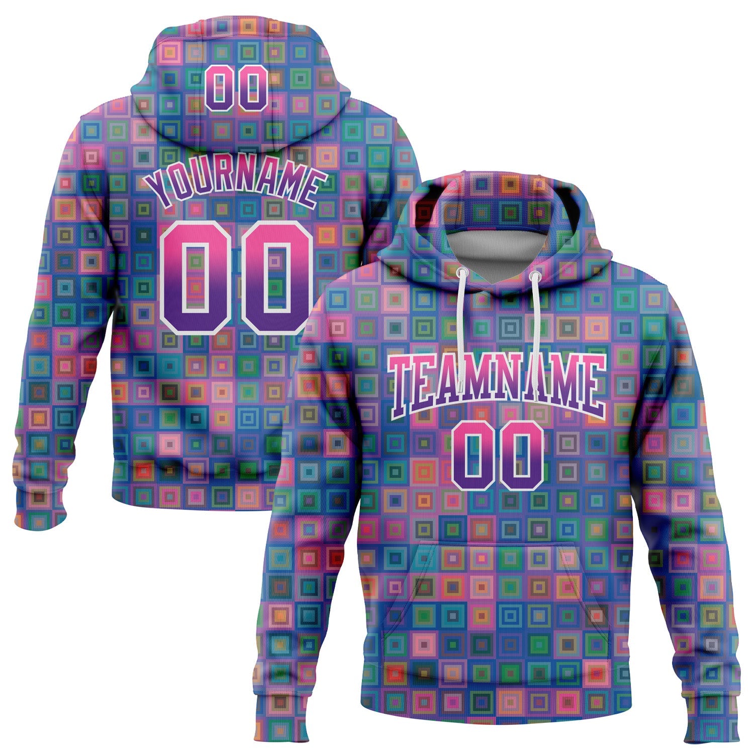 Custom Stitched Royal Pink-Purple 3D Pattern Design Geometric GradientSquare Shapes Sports Pullover Sweatshirt Hoodie - Main View