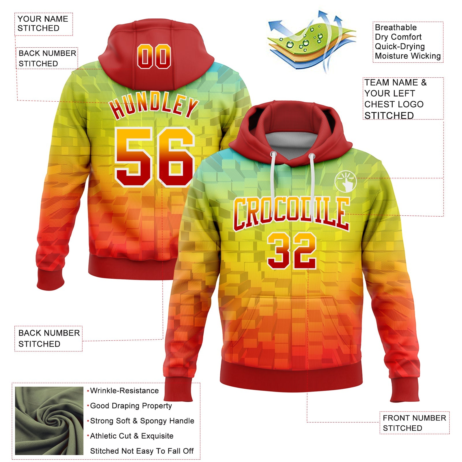 Custom Stitched Gold Red-White 3D Pattern Design Geometric Gradient Square Shapes Sports Pullover Sweatshirt Hoodie view 2
