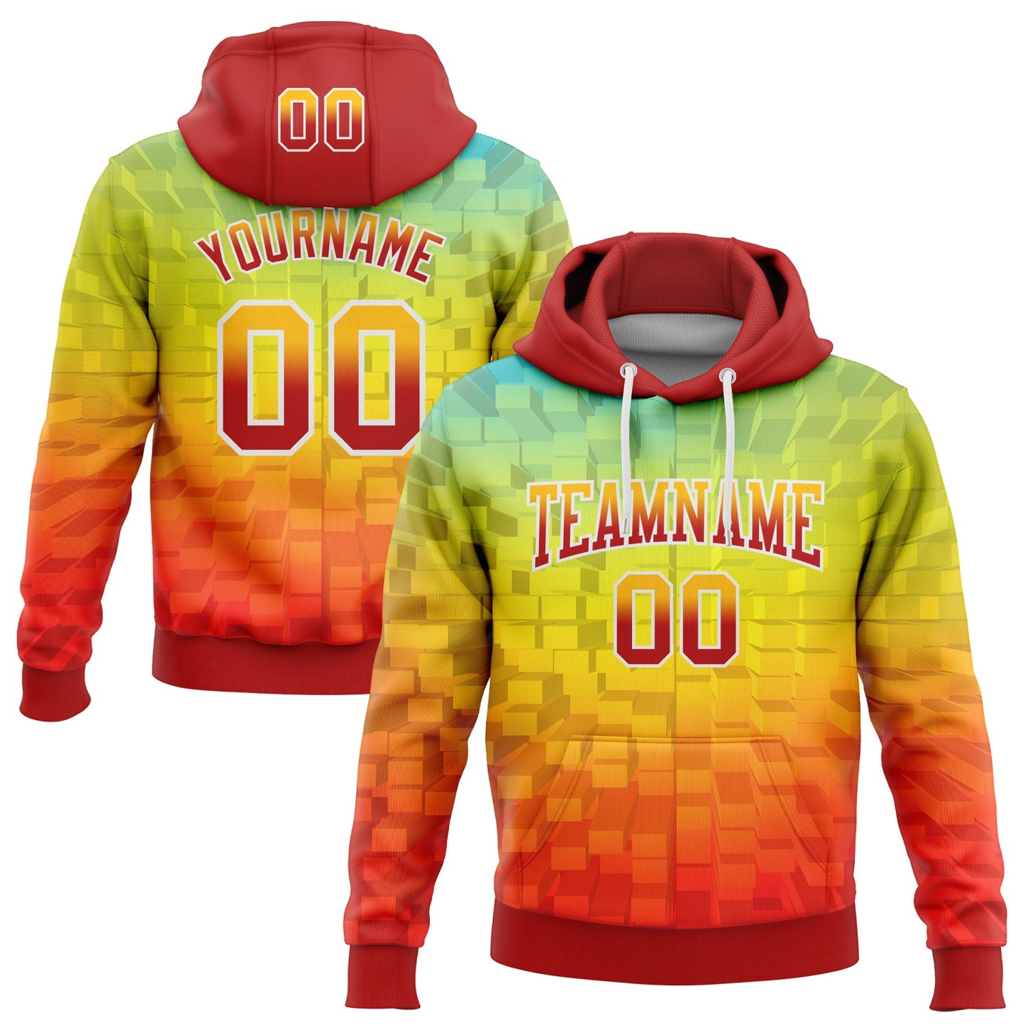 Custom Stitched Gold Red-White 3D Pattern Design Geometric Gradient Square Shapes Sports Pullover Sweatshirt Hoodie - Main View