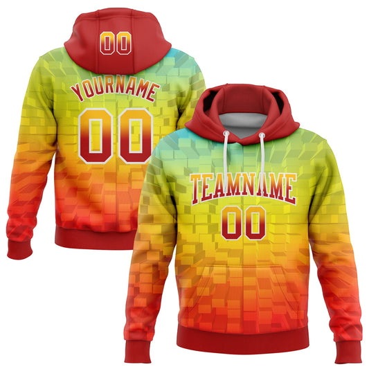 Custom Stitched Gold Red-White 3D Pattern Design Geometric Gradient Square Shapes Sports Pullover Sweatshirt Hoodie - Main View