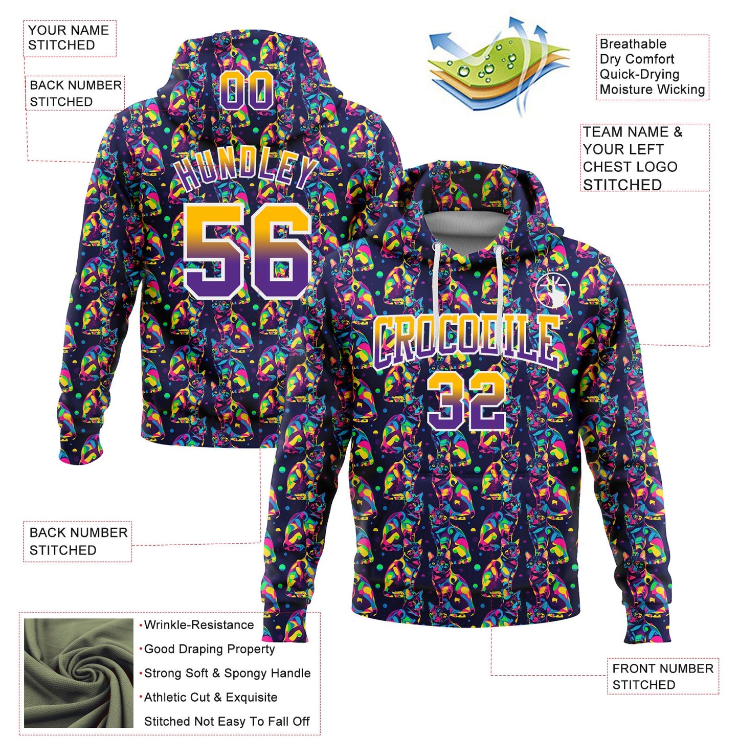 Custom Stitched Purple Gold-White Fade 3D Pattern Design Colorful Animal Cat Sports Pullover Sweatshirt Hoodie view 2