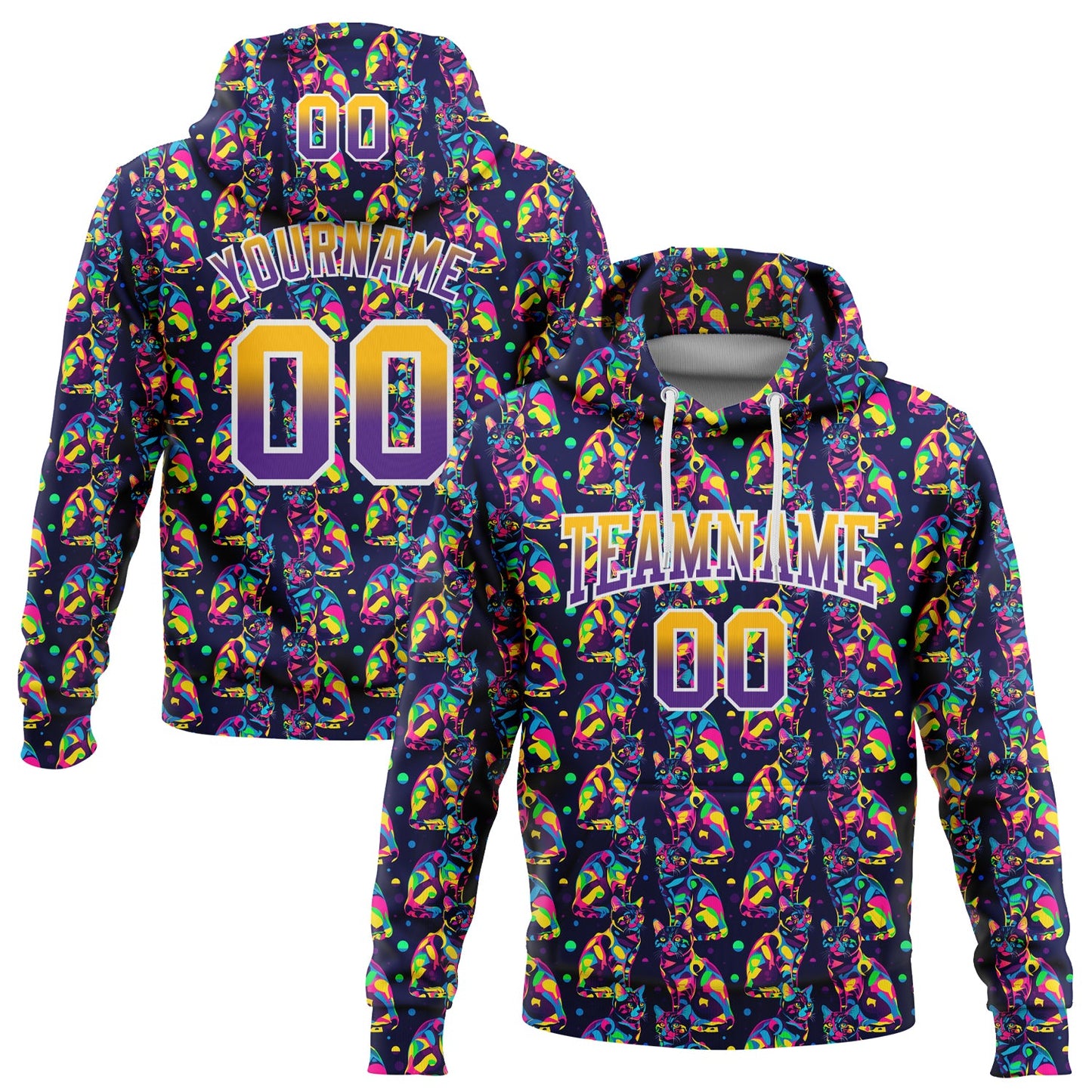 Custom Stitched Purple Gold-White Fade 3D Pattern Design Colorful Animal Cat Sports Pullover Sweatshirt Hoodie - Main View