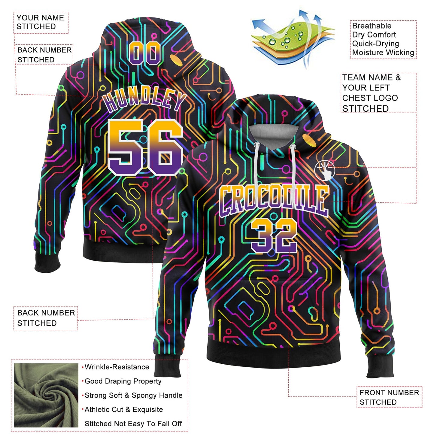 Custom Stitched Black Gold-Purple Fade 3D Pattern Design Colorful Line Shapes Sports Pullover Sweatshirt Hoodie view 2