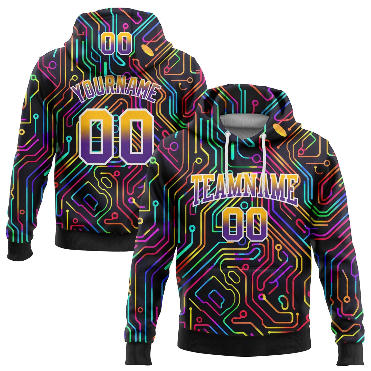 Custom Stitched Black Gold-Purple Fade 3D Pattern Design Colorful Line Shapes Sports Pullover Sweatshirt Hoodie - Main View