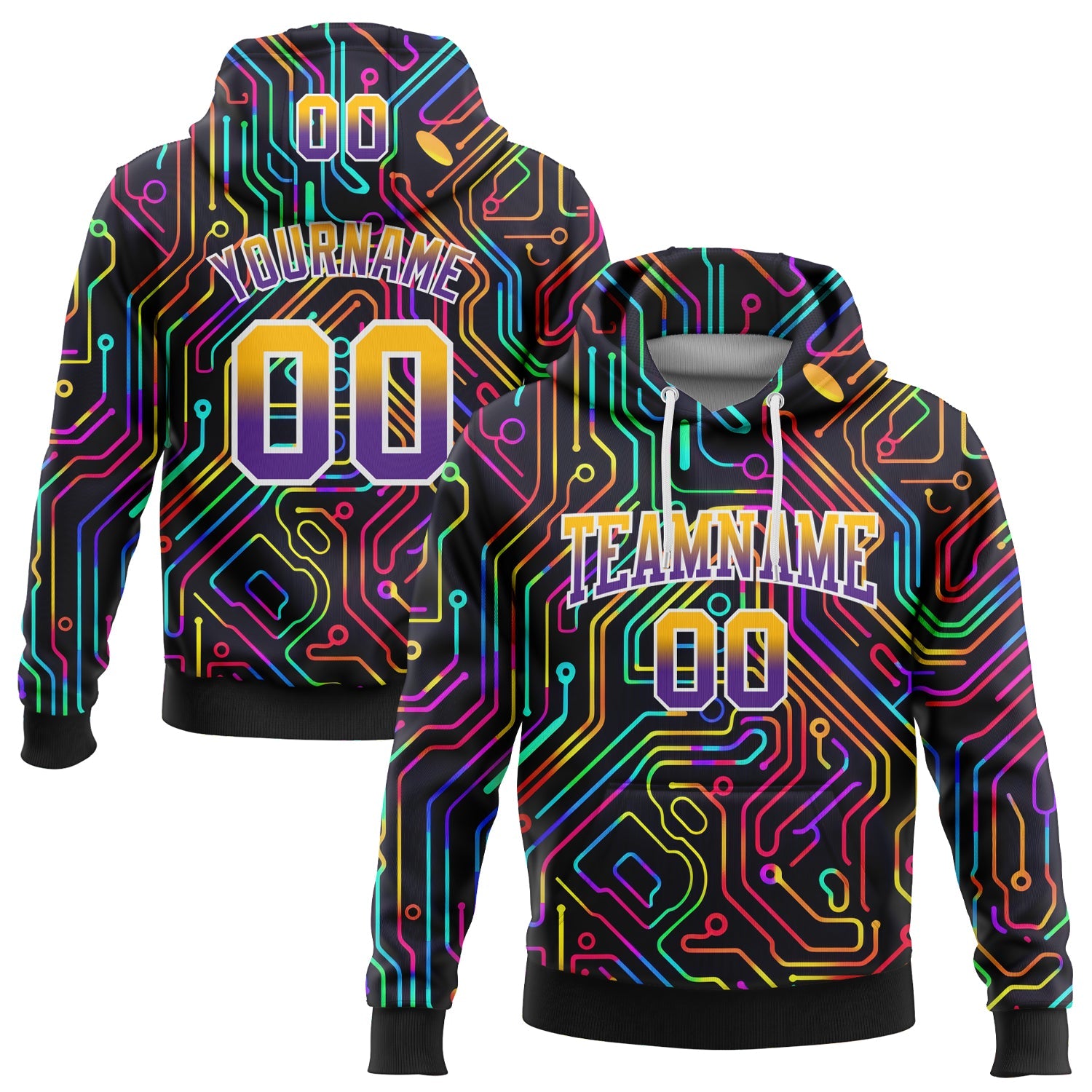 Custom Stitched Black Gold-Purple Fade 3D Pattern Design Colorful Line Shapes Sports Pullover Sweatshirt Hoodie - Main View