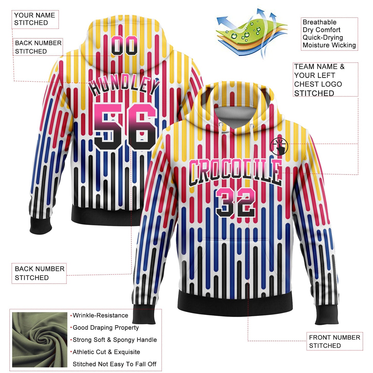 Custom Stitched White Pink-Black Fade 3D Pattern Design Colorful Stripes Shapes Sports Pullover Sweatshirt Hoodie view 2