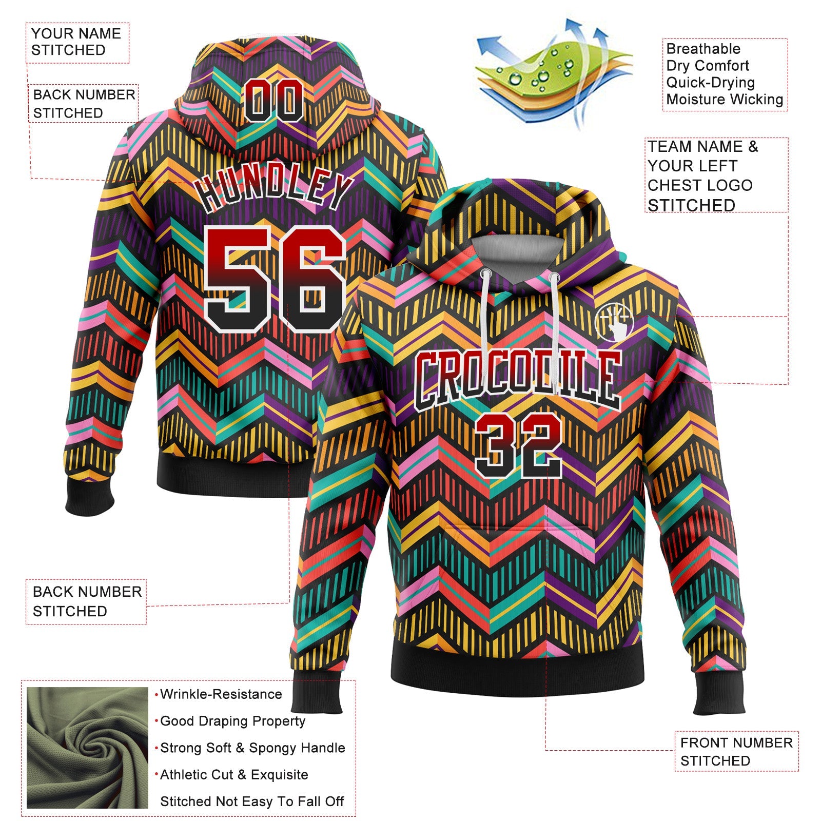 Custom Stitched Black Red-White Fade 3D Pattern Design Colorful Stripes Shapes Sports Pullover Sweatshirt Hoodie view 2