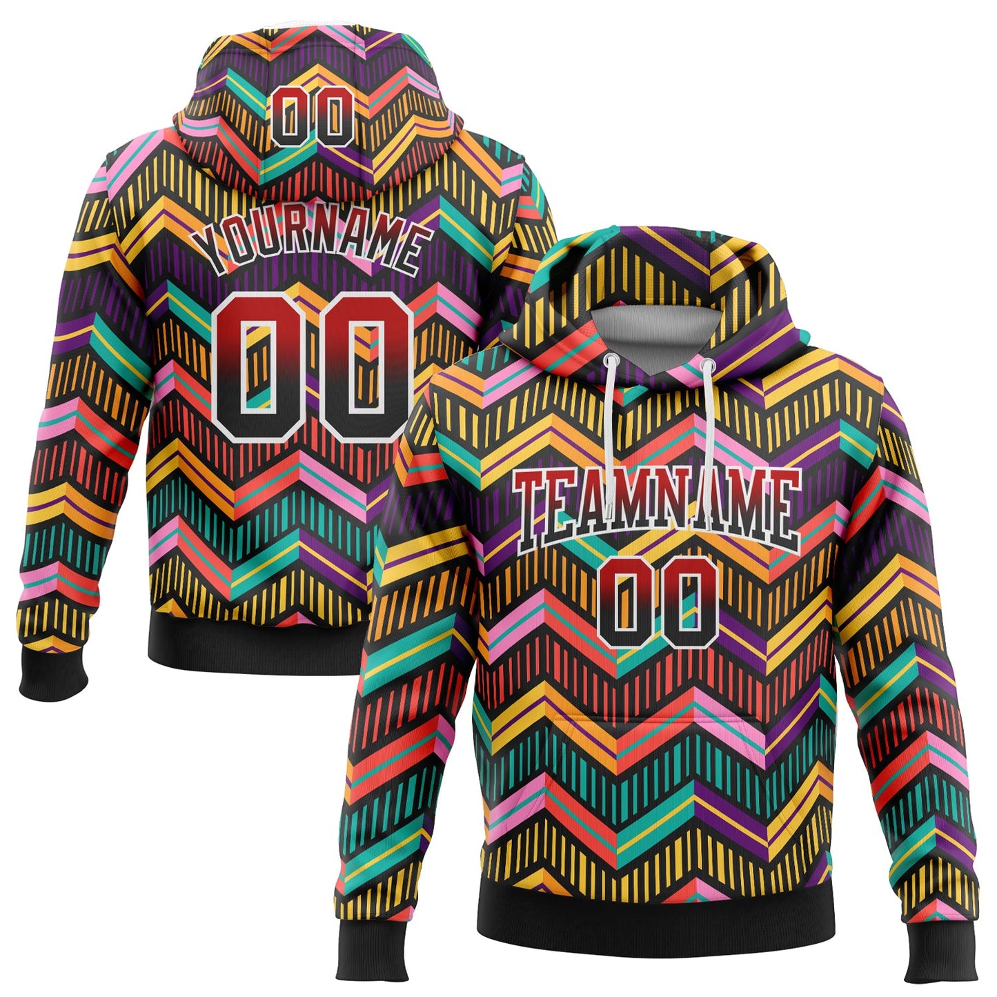 Custom Stitched Black Red-White Fade 3D Pattern Design Colorful Stripes Shapes Sports Pullover Sweatshirt Hoodie - Main View